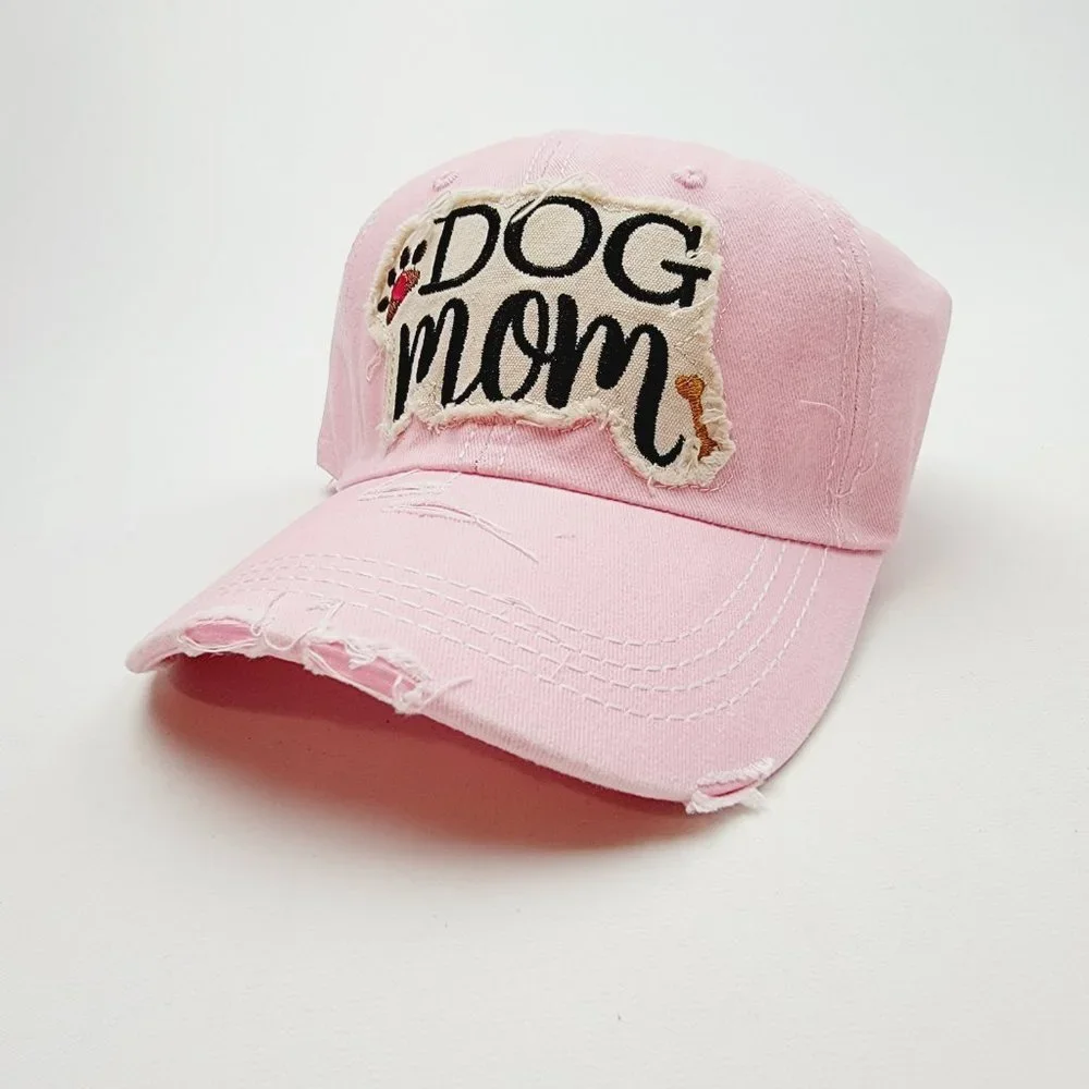 Dog Mom Distressed Relaxed Cotton Buckle Strap Full Cover Baseball Hat Cap Pink
